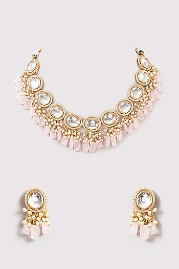 Gold Plated Kundan Polki & Pink Beaded Necklace Set