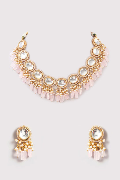 Gold Plated Kundan Polki & Pink Beaded Necklace Set
