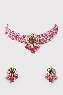 Victorian Gold Finish Kundan Polki & Beaded Choker Necklace Set