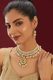 Gold Plated Kundan Polki & Pearl Mesh Choker Necklace Set