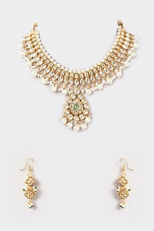 Gold Plated Kundan Polki & Pearl Mesh Choker Necklace Set
