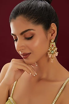 Gold Plated Kundan Polki & Beaded Dangler Earrings