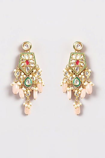 Gold Plated Kundan Polki & Beaded Dangler Earrings