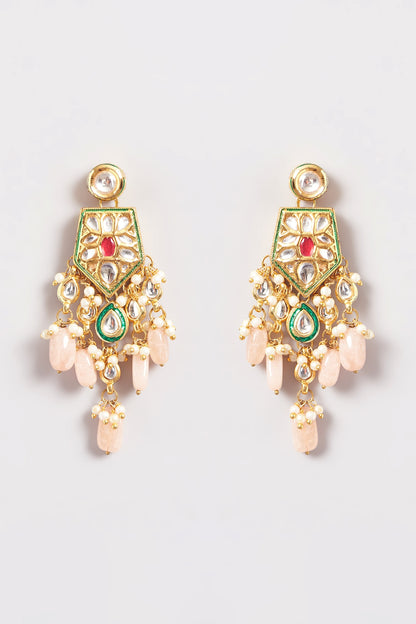 Gold Plated Kundan Polki & Beaded Dangler Earrings