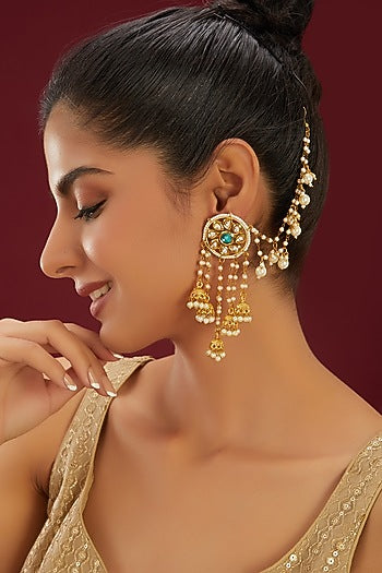 Gold Plated Kundan Polki & Pearl Tassel Kanchain Earrings