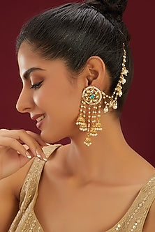 Gold Plated Kundan Polki & Pearl Tassel Kanchain Earrings