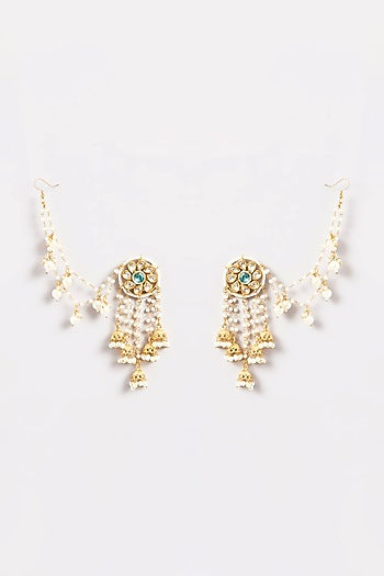 Gold Plated Kundan Polki & Pearl Tassel Kanchain Earrings