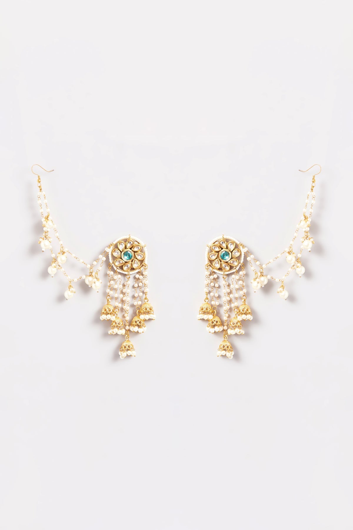 Gold Plated Kundan Polki & Pearl Tassel Kanchain Earrings