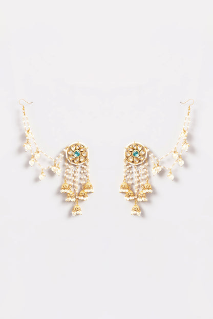 Gold Plated Kundan Polki & Pearl Tassel Kanchain Earrings