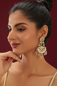 Gold Plated Pearl & Beaded Green Meenakari Chandbaali Earrings