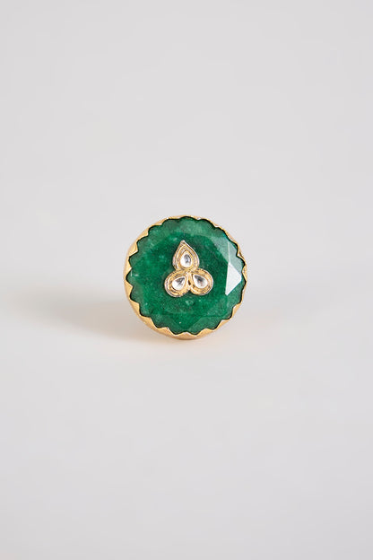 Gold Finish Green Kundan Polki Ring