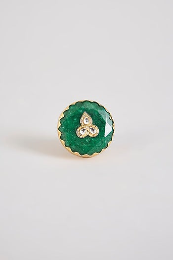 Gold Finish Green Kundan Polki Ring
