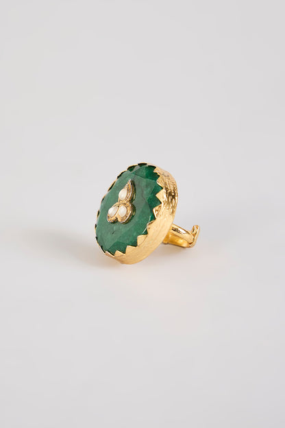 Gold Finish Green Kundan Polki Ring