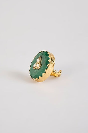 Gold Finish Green Kundan Polki Ring