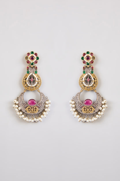 Black Rhodium Finish Multi-Colored Stone Chandbali Earrings