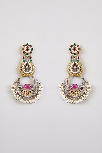 Black Rhodium Finish Multi-Colored Stone Chandbali Earrings