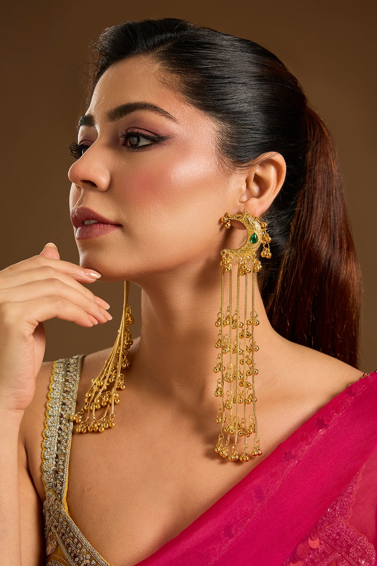 Gold Plated Kashmiri Chain Tassel Dangler Earrings