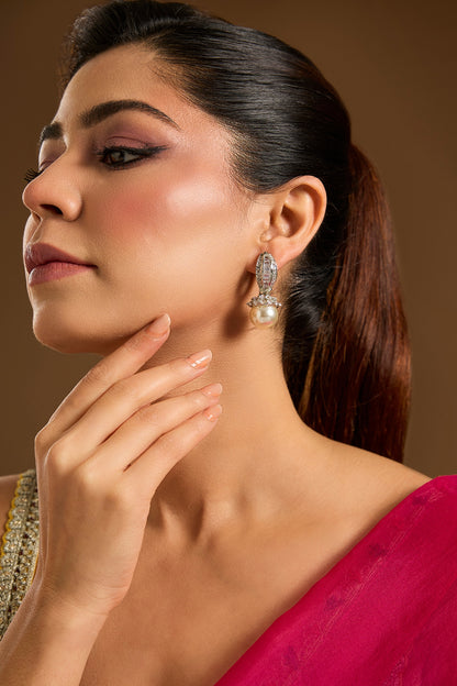 White Rhodium Finish Pearl Dangler Earrings