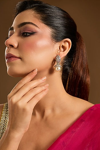 White Rhodium Finish Pearl Dangler Earrings
