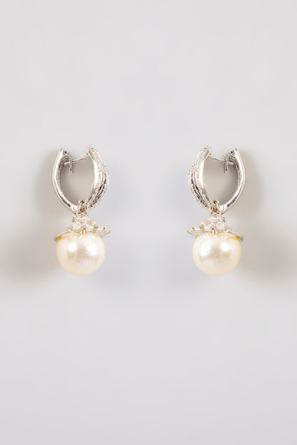 White Rhodium Finish Pearl Dangler Earrings