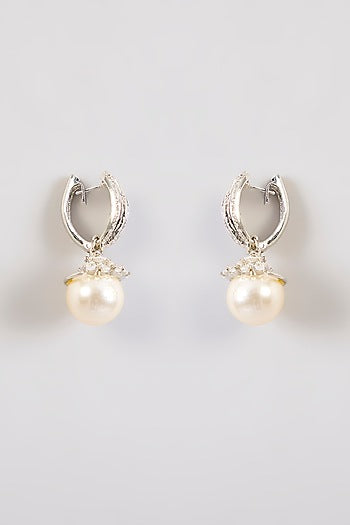 White Rhodium Finish Pearl Dangler Earrings