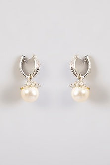 White Rhodium Finish Pearl Dangler Earrings