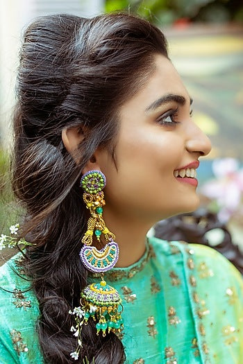 Gold Finish Dangler Earrings With Dabka Embroidery