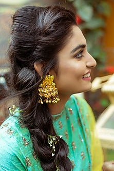 Gold Finish Dangler Earrings With Hand Embroidery