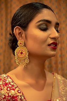 Gold Finish Dangler Earrings With Embroidery