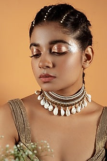 Gold Finish Pearl & Shell Choker Necklace