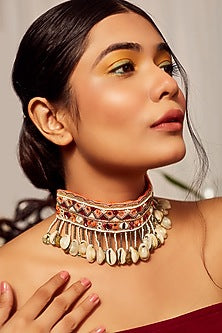 Gold Finish Embroidered Choker Necklace