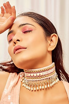Gold Finish Mirror Embroidered Choker Necklace