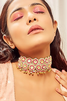Gold Finish Thread Embroidered Choker Necklace
