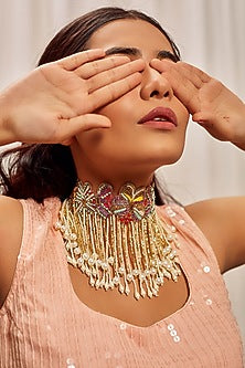 Gold Finish Embroidered Choker Necklace