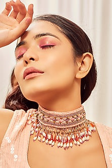 Gold Finish Choker Necklace With Hand Embroidery