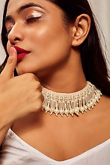 Gold Finish Choker Necklace With Thread Embroidery