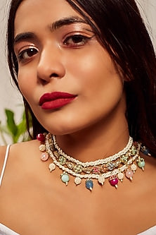 Gold Finish Choker Necklace With Tikki Embroidery