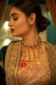 Gold Finish Choker Necklace With Moti Embroidery