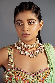 Gold Finish Pearl & Shell Choker Necklace