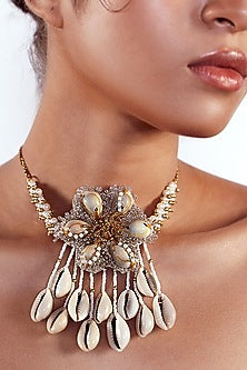 Gold Finish Pearl & Shell Choker Necklace