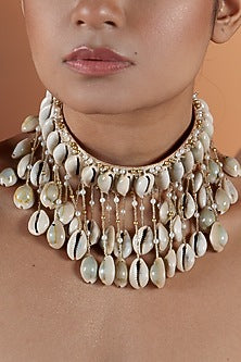 Gold Finish Pearl & Shell Choker Necklace