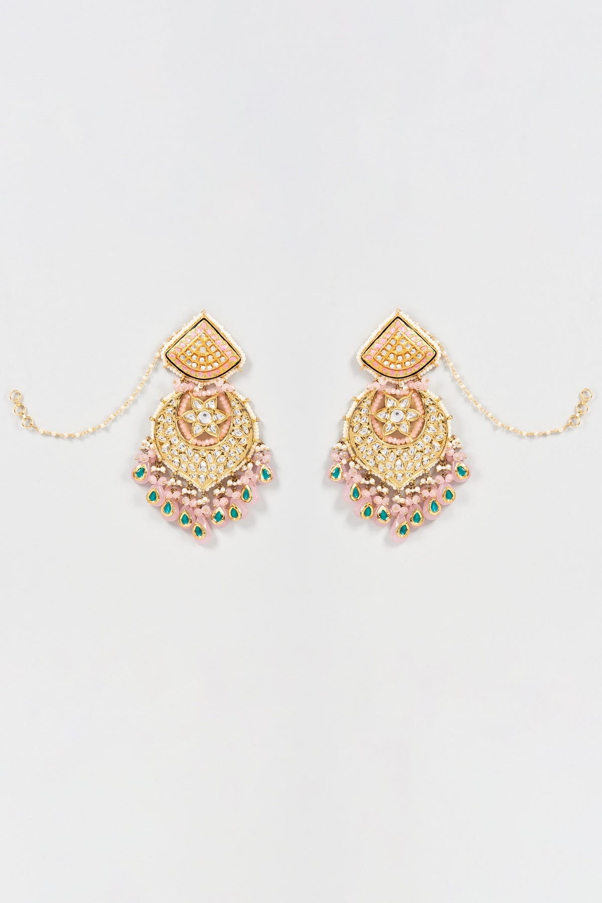 Gold Finish Pink Kundan Polki Meenakari Chandbali Earrings