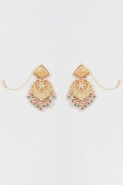 Gold Finish Pink Kundan Polki Meenakari Chandbali Earrings