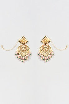 Gold Finish Pink Kundan Polki Meenakari Chandbali Earrings