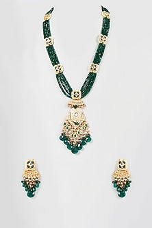 Gold Finish Green Kundan Polki & Pearl Enameled Long Necklace Set