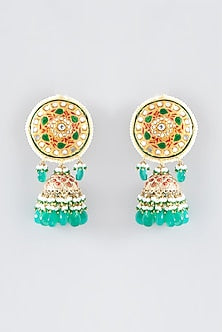 Gold Finish Synthetic Emerald Stone Enameled Dangler Earrings