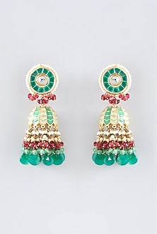 Gold Finish Synthetic Emerald Stone Meenakari Dangler Earrings