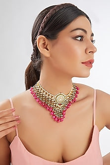 Gold Finish Pink Agate & Semi-Precious Stone Meenakari Choker Necklace