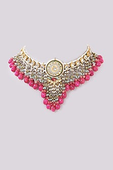 Gold Finish Pink Agate & Semi-Precious Stone Meenakari Choker Necklace