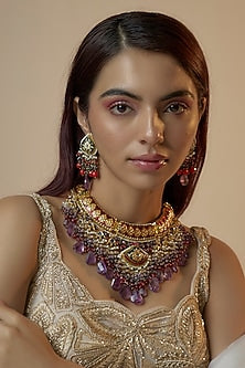 Gold Finish Kundan Polki Meenakari Choker Necklace Set